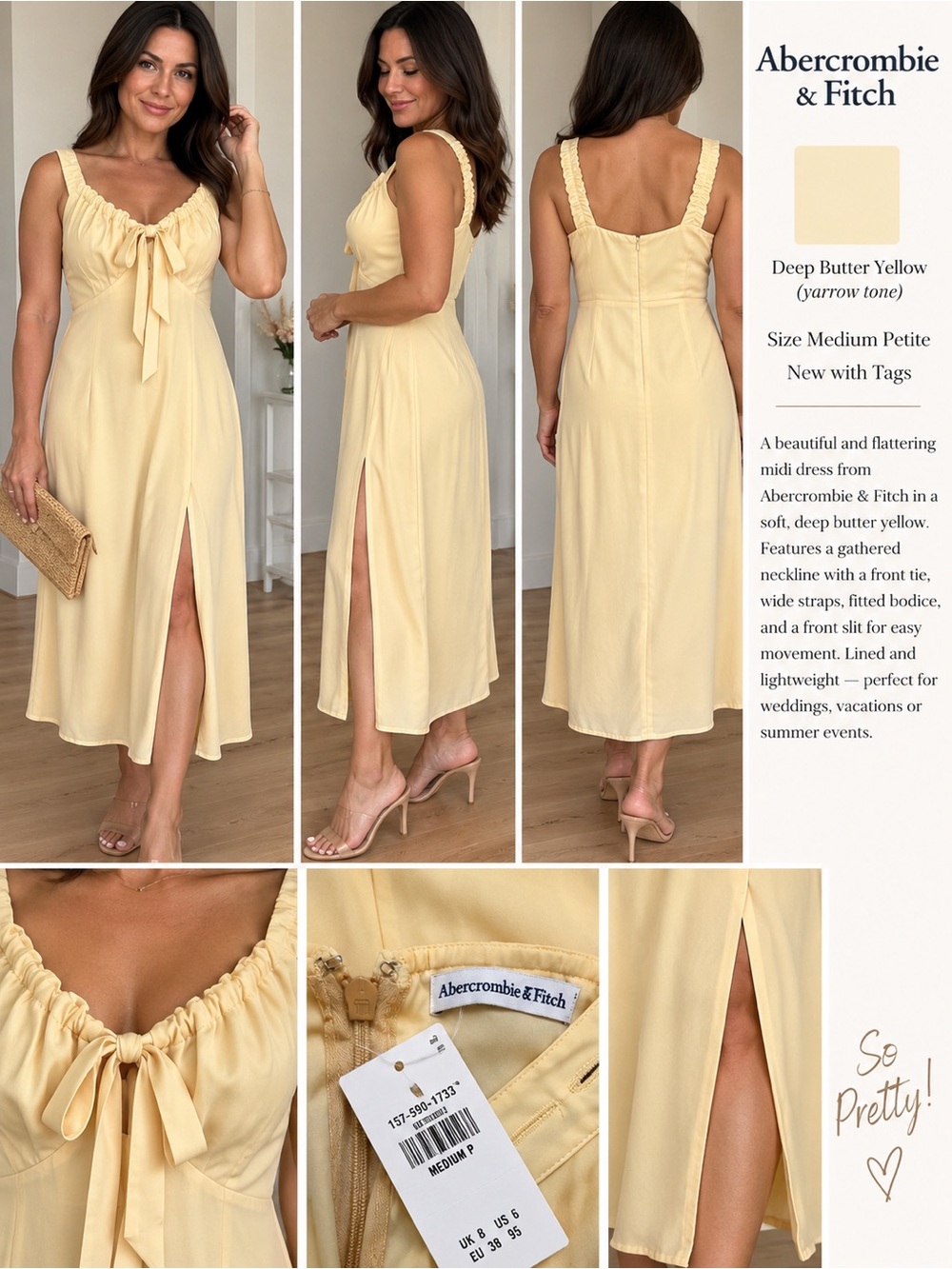 Abercrombie & Fitch Deep Butter Yellow Midi Dress with Front Slit